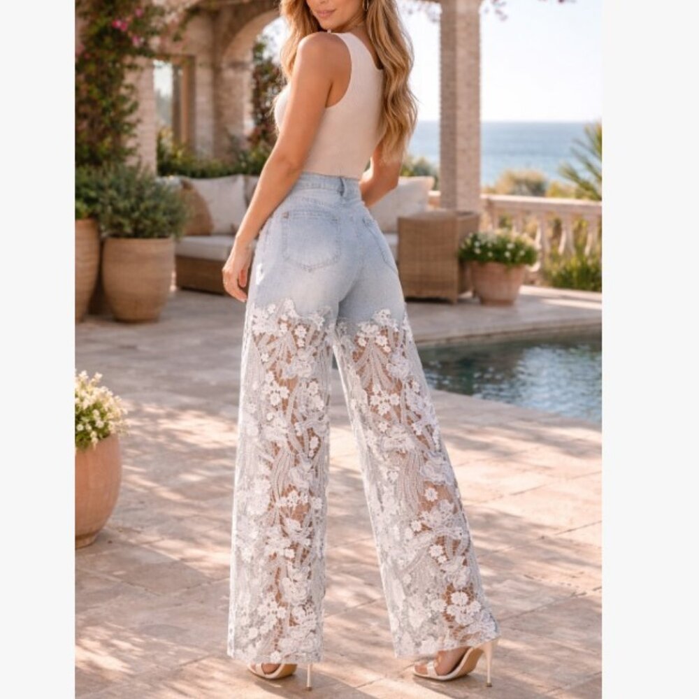 Blue Lace Panel Rhinestone Straight-Leg Jeans - Picture 4 of 4